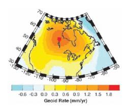The GRACE satellites have detected changes in the gravitational field over regions of Canada that can be attributed to the crust bouncing back after the melting of a glacier 20,000 years ago and convection in Earth's mantle (Illustration: Science/M Tamisiea)